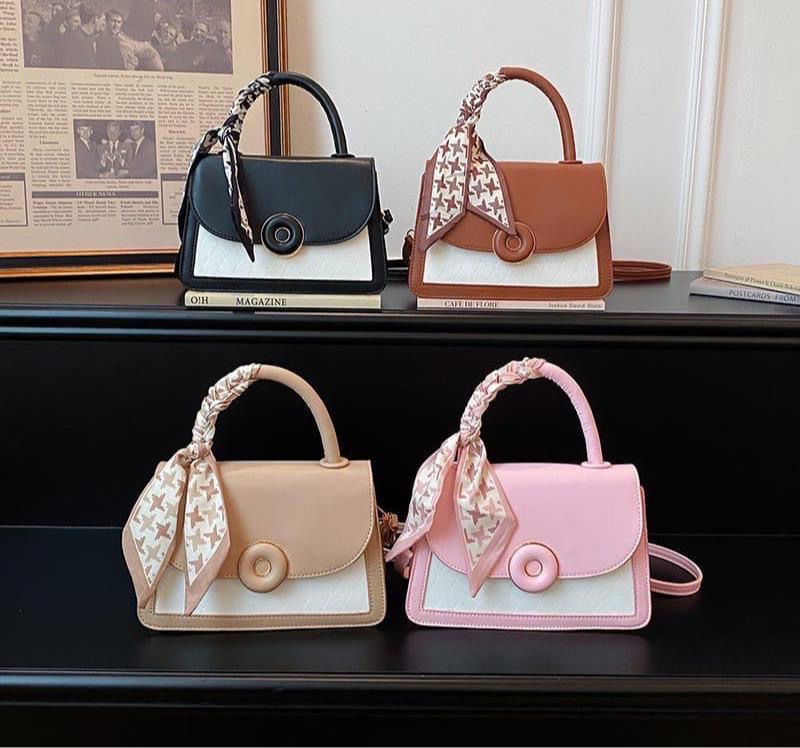 Scarf ribbon button flap top-handle bag - classy